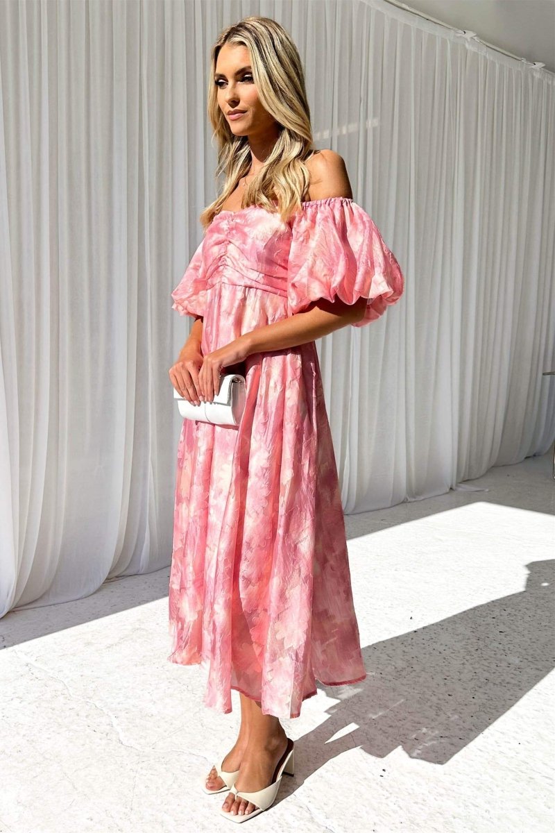 Chic Emilia Off the Shoulder Midi Dress with Puff Sleeves Premium Wardrobe Essential