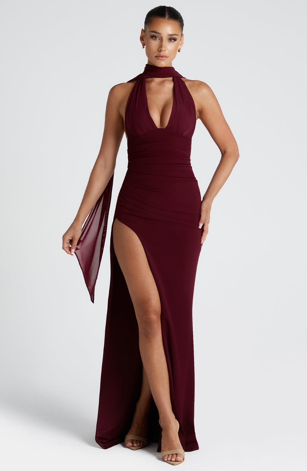 Plunge Halter Scarf Neck Ruched High Split Maxi Gown