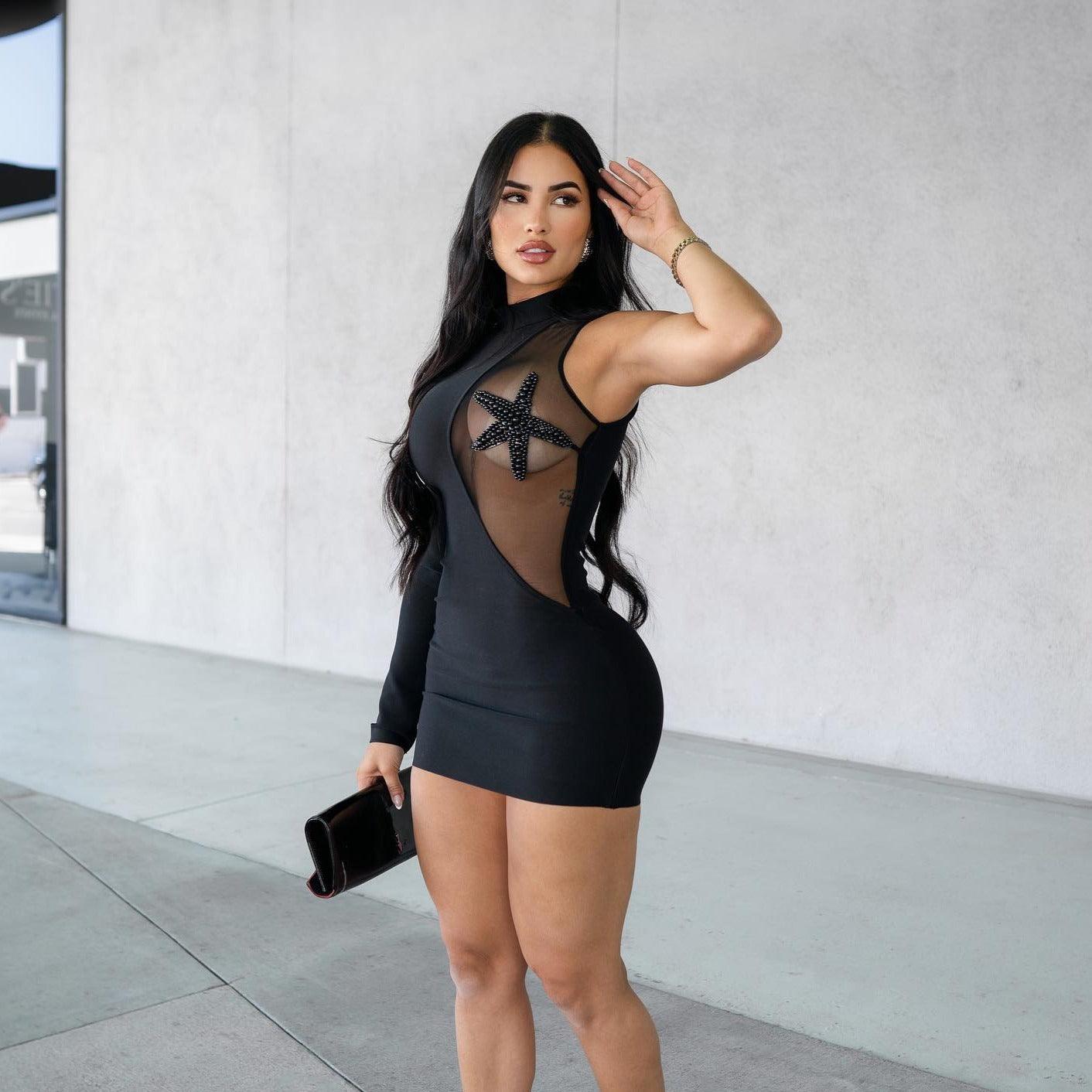 One Shoulder Long Sleeve Starfish Mesh Panel Bodycon Mini Dress