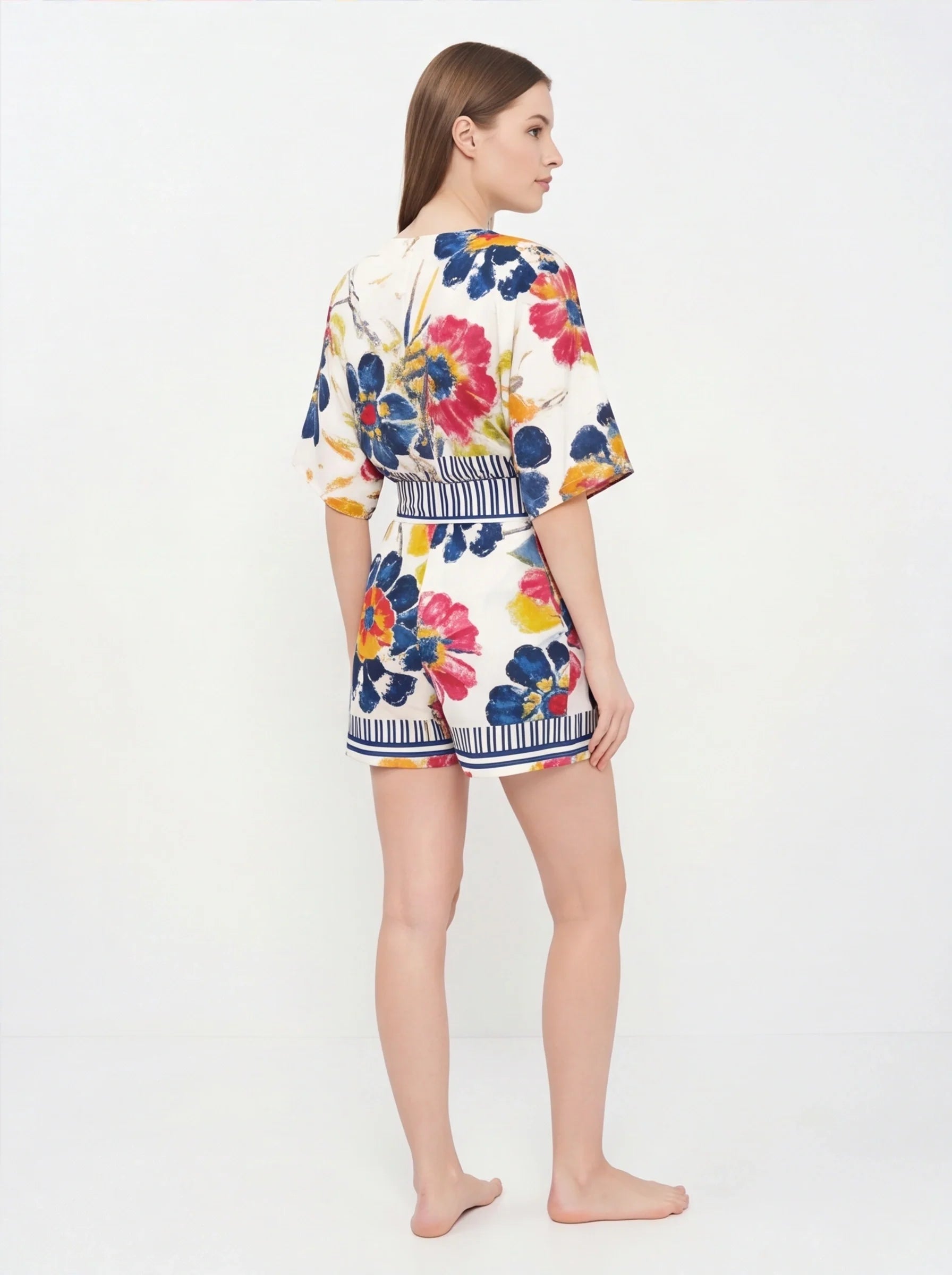 Elegant Floral Print Summer Romper with Adjustable Straps & Pockets