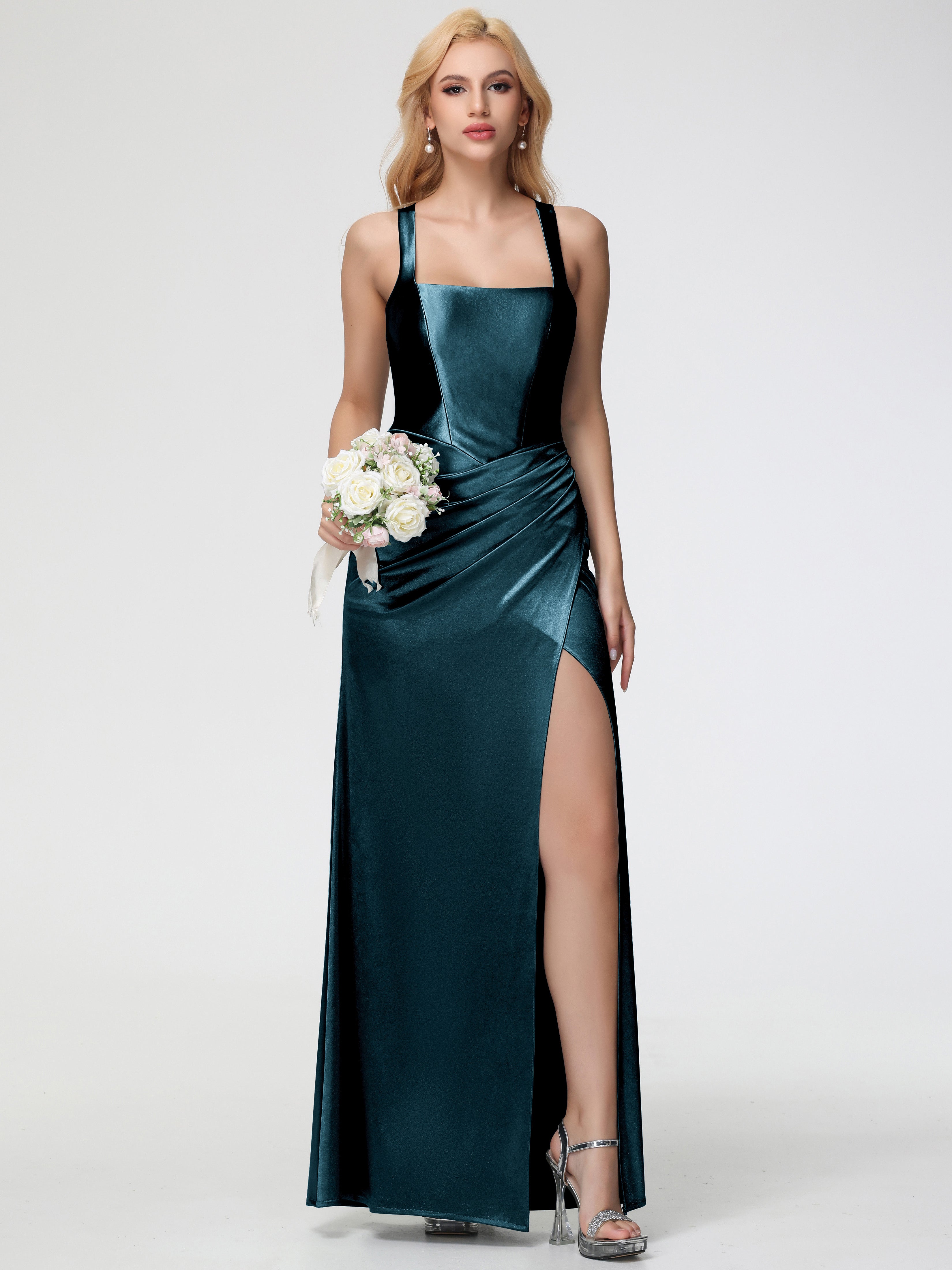 Peacock Formal Dresses Straps Ruched Floor Length Sheath Formal Dress With Slit