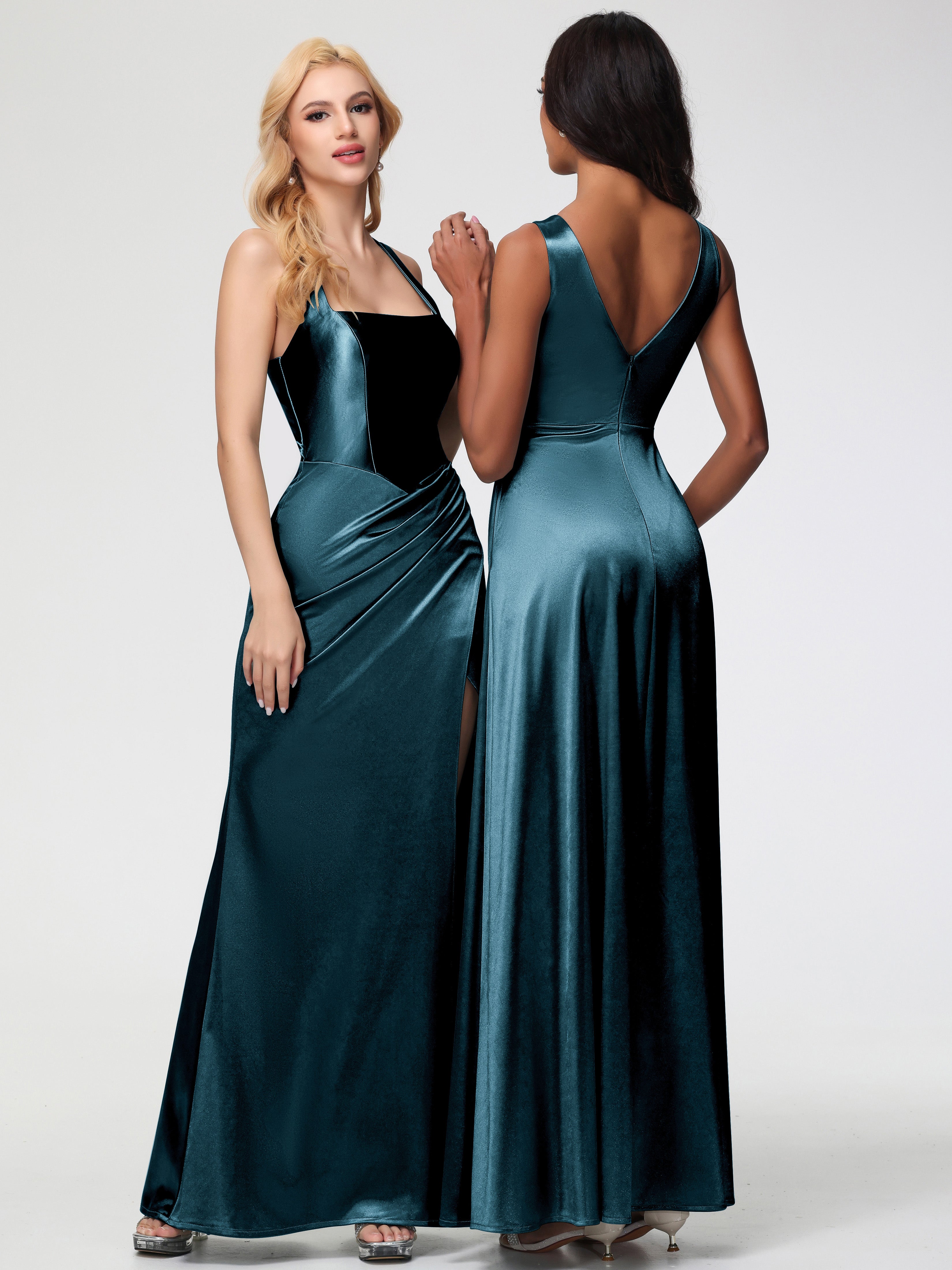 Peacock Formal Dresses Straps Ruched Floor Length Sheath Formal Dress With Slit