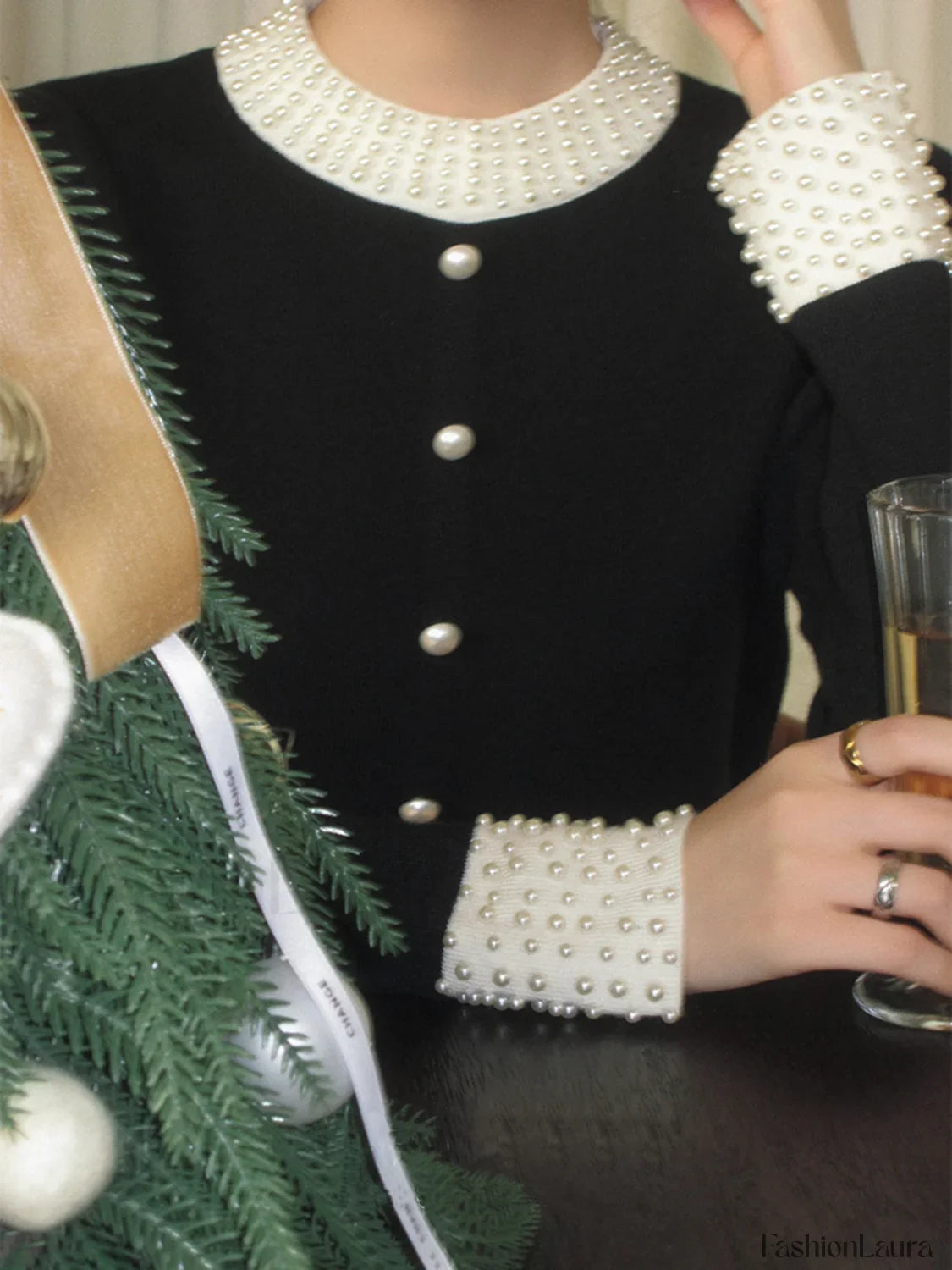 Pearl Beaded Contrast Trendy Trim Button Knit Top