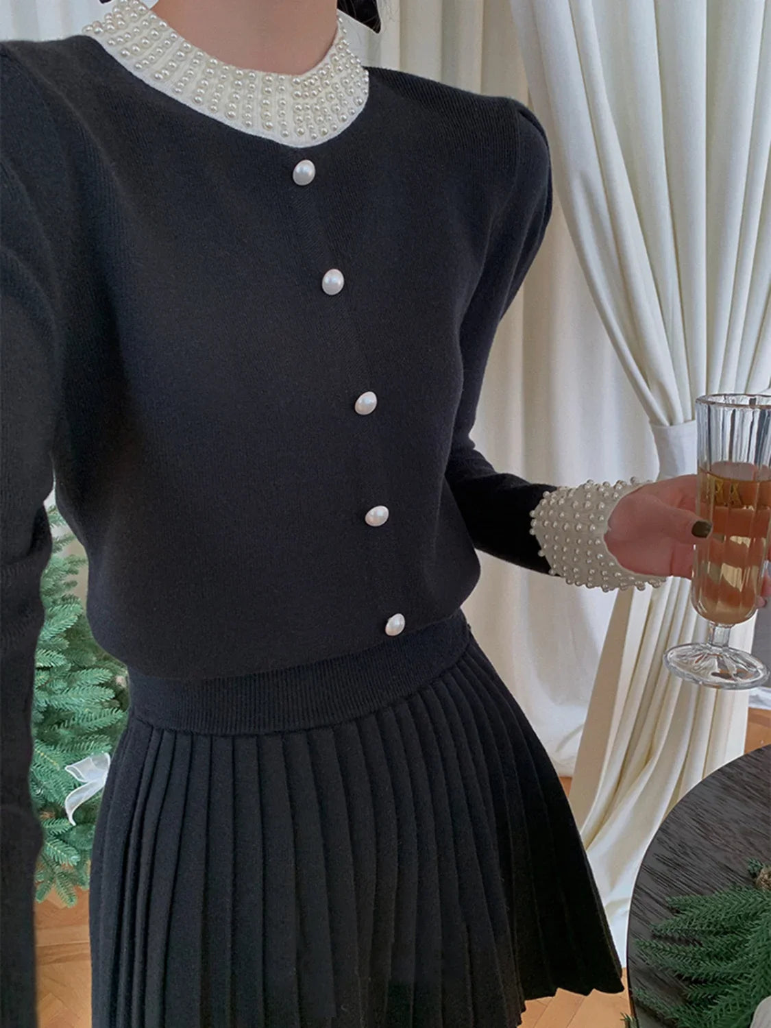 Pearl Beaded Contrast Trendy Trim Button Knit Top