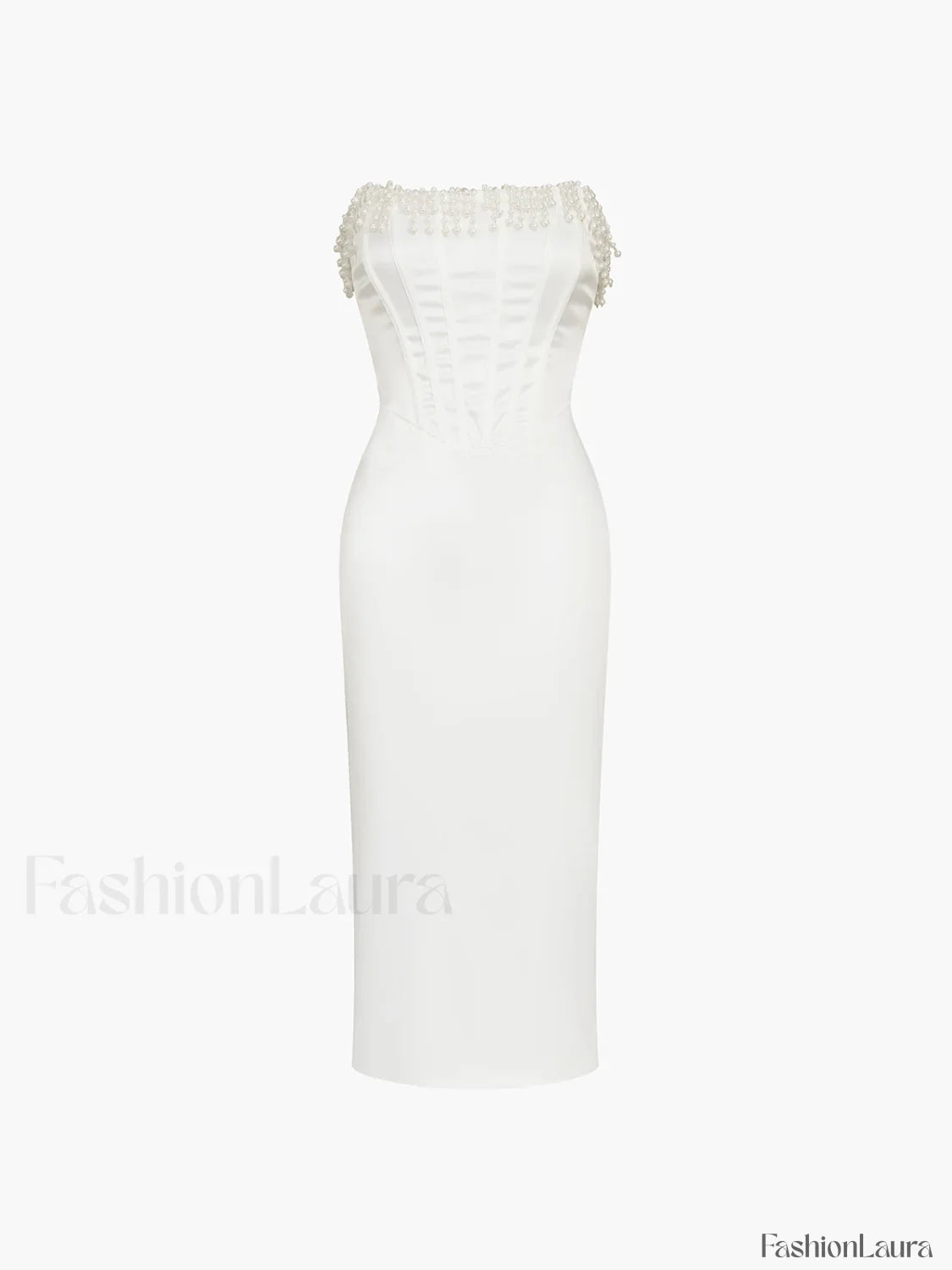 Pearl Decor Graceful Strapless Midi Dress