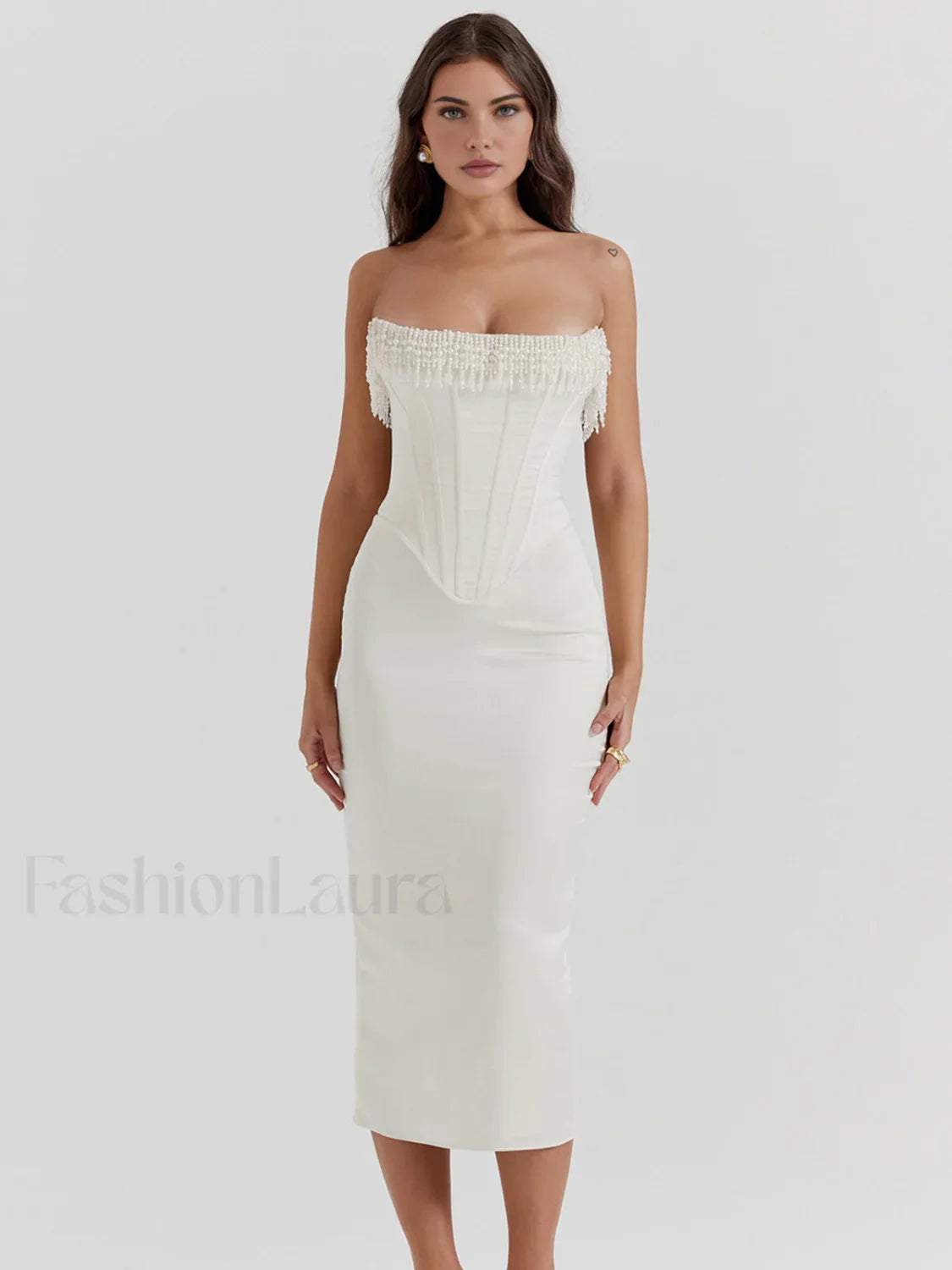 Pearl Decor Graceful Strapless Midi Dress