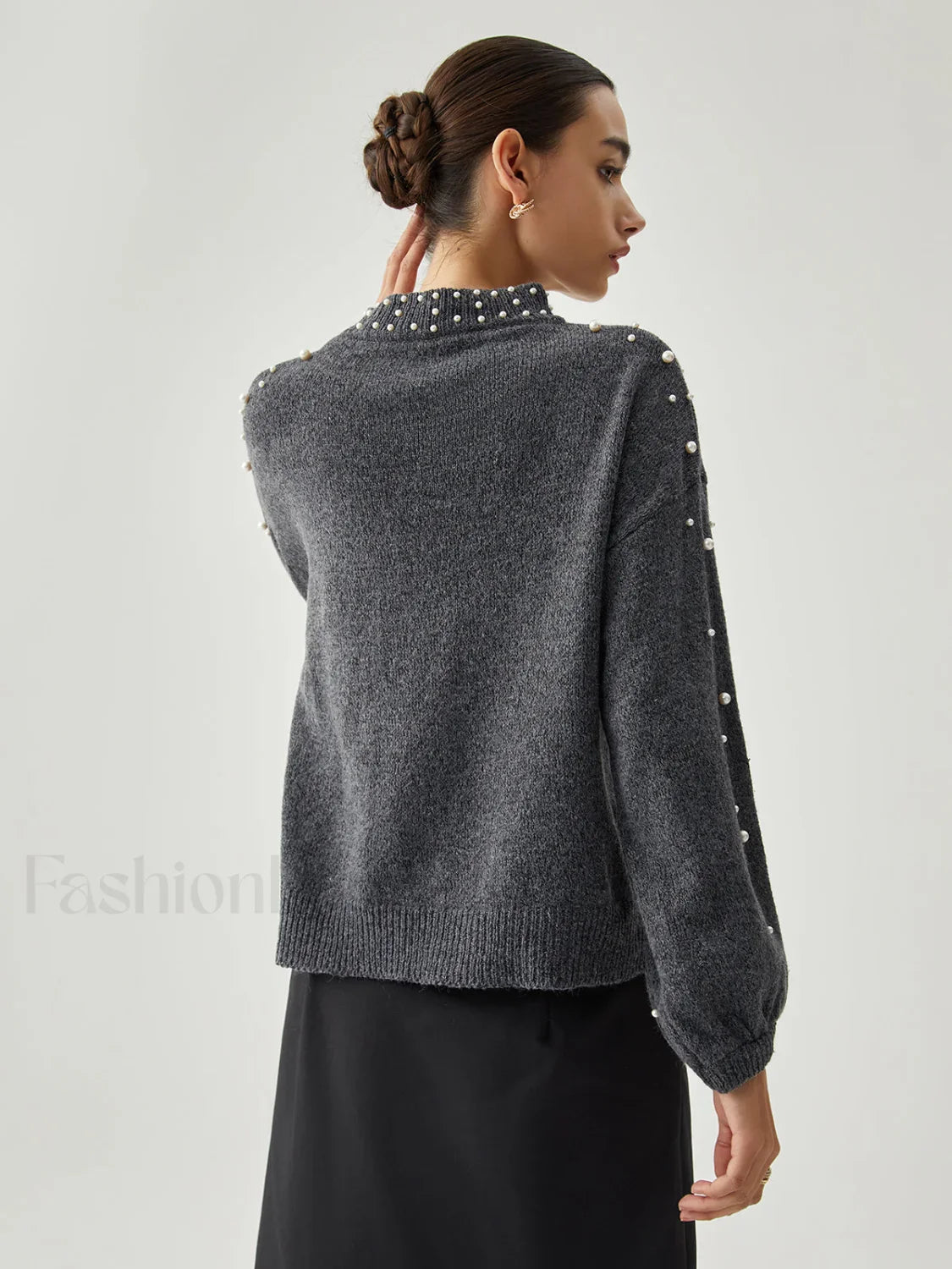 Pearl Embellished Graceful Mock Neck Sweater