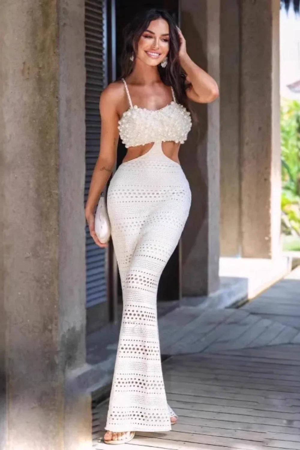 Pearl Embellished Hollow Chest Strappy Maxi Dress