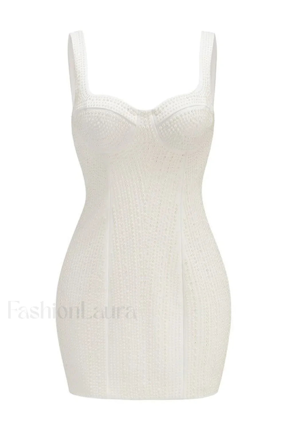 Pearl Studded Stylish White Mini Dress XS / White