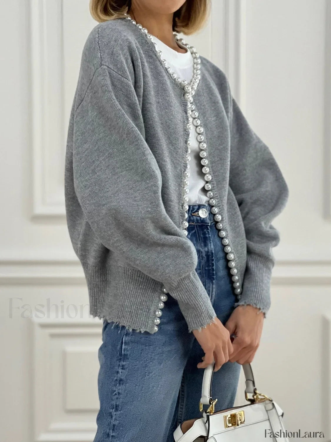 Pearl Trim Graceful Ripped Hem Cardigan