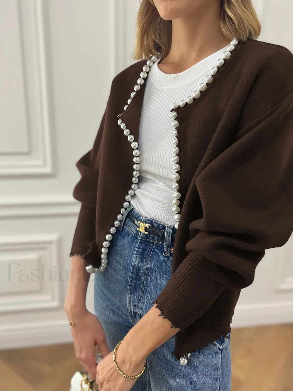 Pearl Trim Ripped Hem Cardigan Dark Brown / XS Cardigans