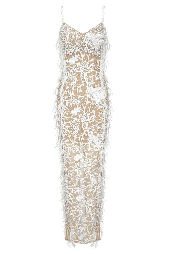 Sweetheart Spaghetti Strap Feather Trim Floral Applique Sheer Maxi Dress