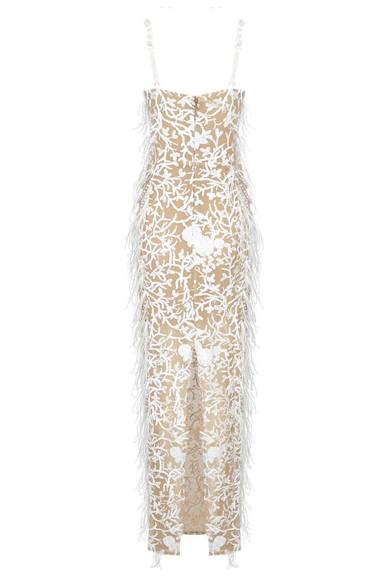 Sweetheart Spaghetti Strap Feather Trim Floral Applique Sheer Maxi Dress