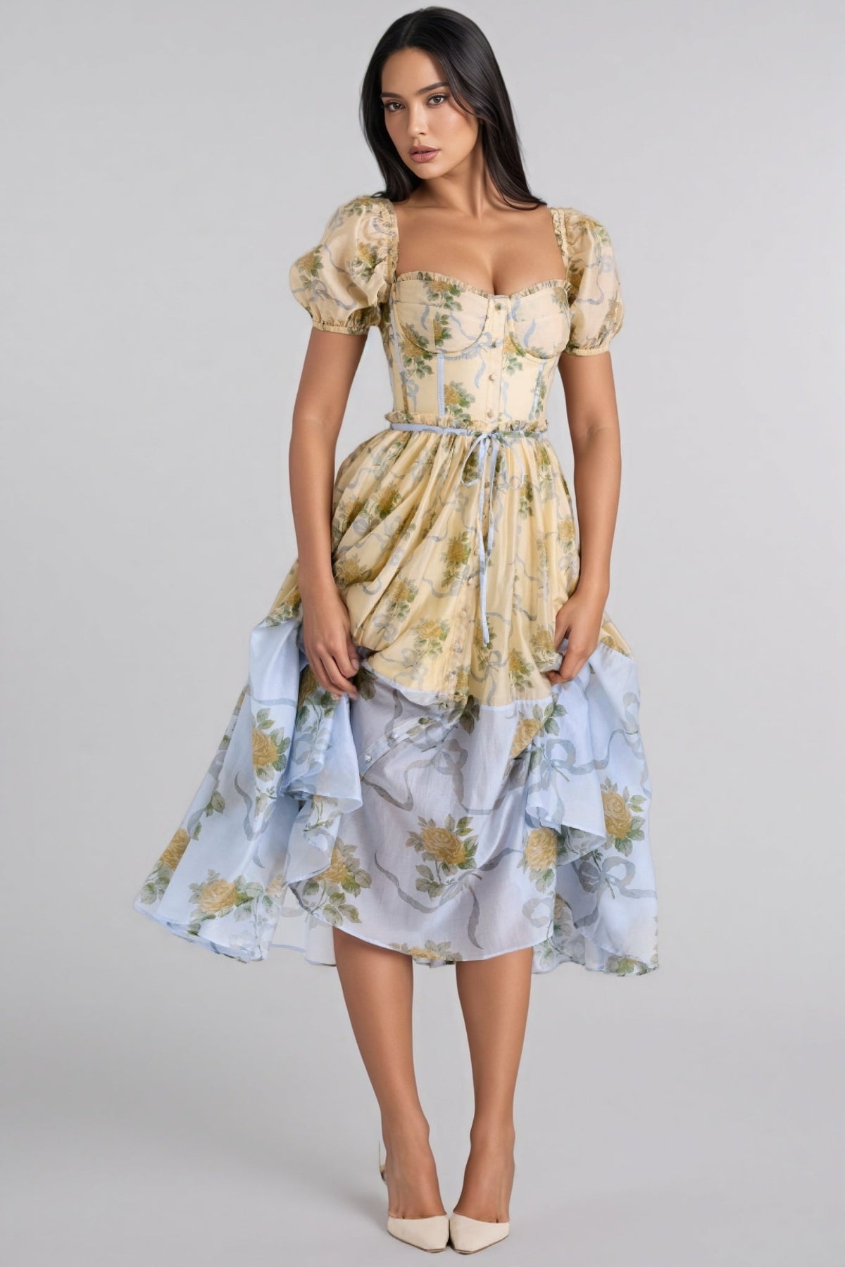 Floral Print Puff Sleeve Corset Bodice Tiered Chiffon Midi Dress