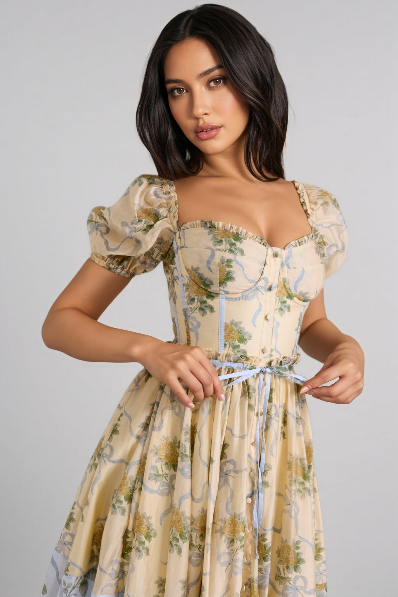 Elowen Yellow Vintage Rose Chiffon Midi Dress - View 3