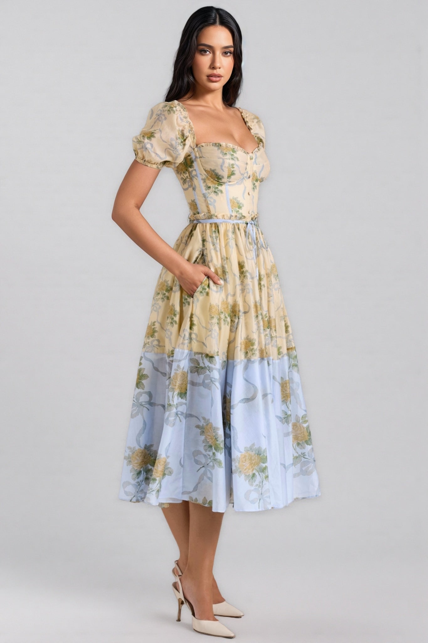 Elowen Yellow Vintage Rose Chiffon Midi Dress - View 2
