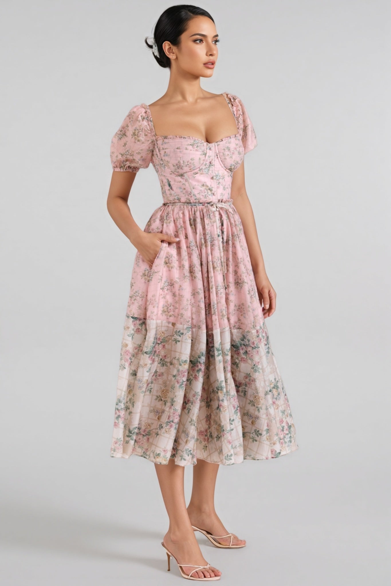Floral Print Sweetheart Puff Sleeve Corset A-Line Midi Dress