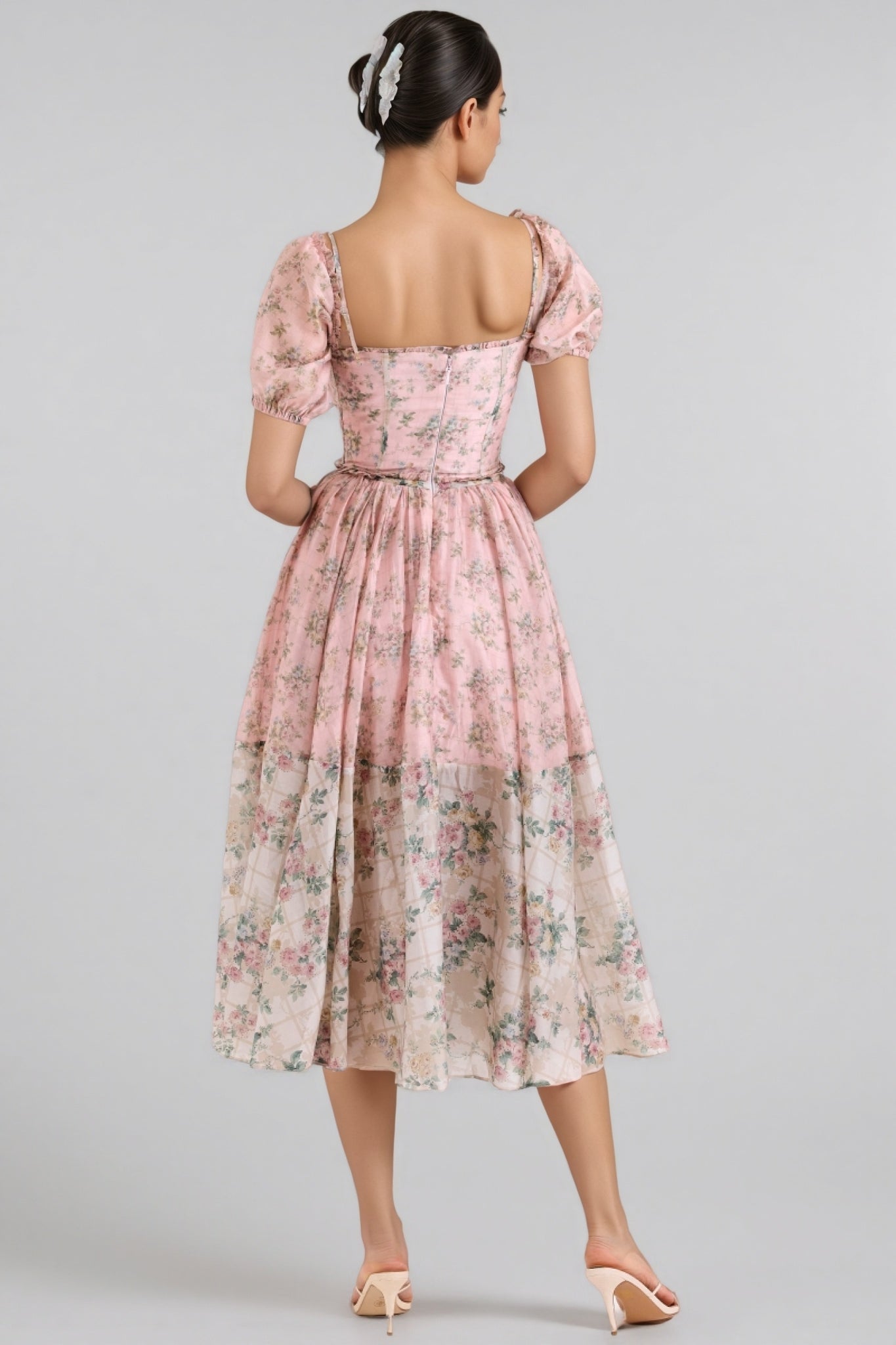 Floral Print Sweetheart Puff Sleeve Corset A-Line Midi Dress