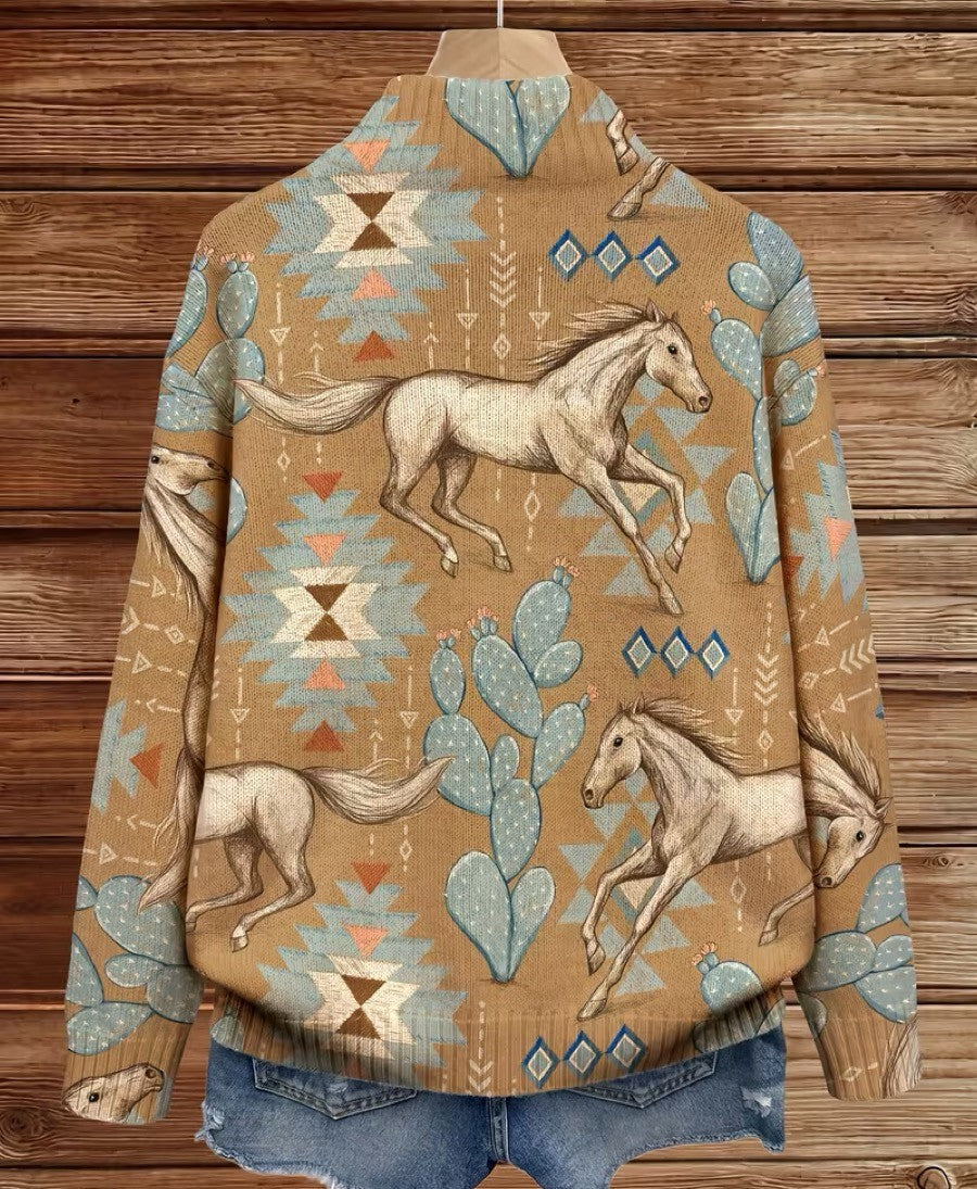 Horse and Cactus Print Zip Front Knit Cardigan