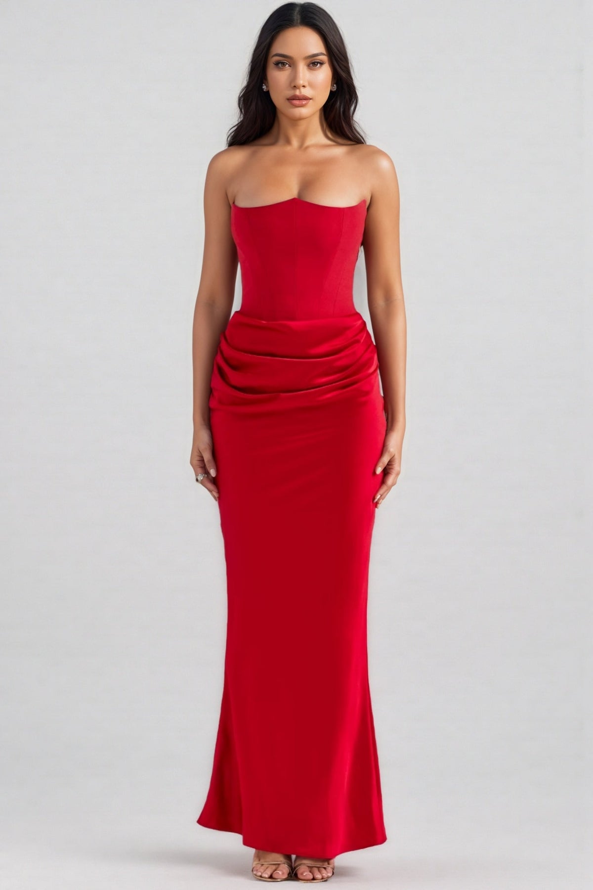 Strapless Corset Bodice Ruched Hip Mermaid Maxi Dress