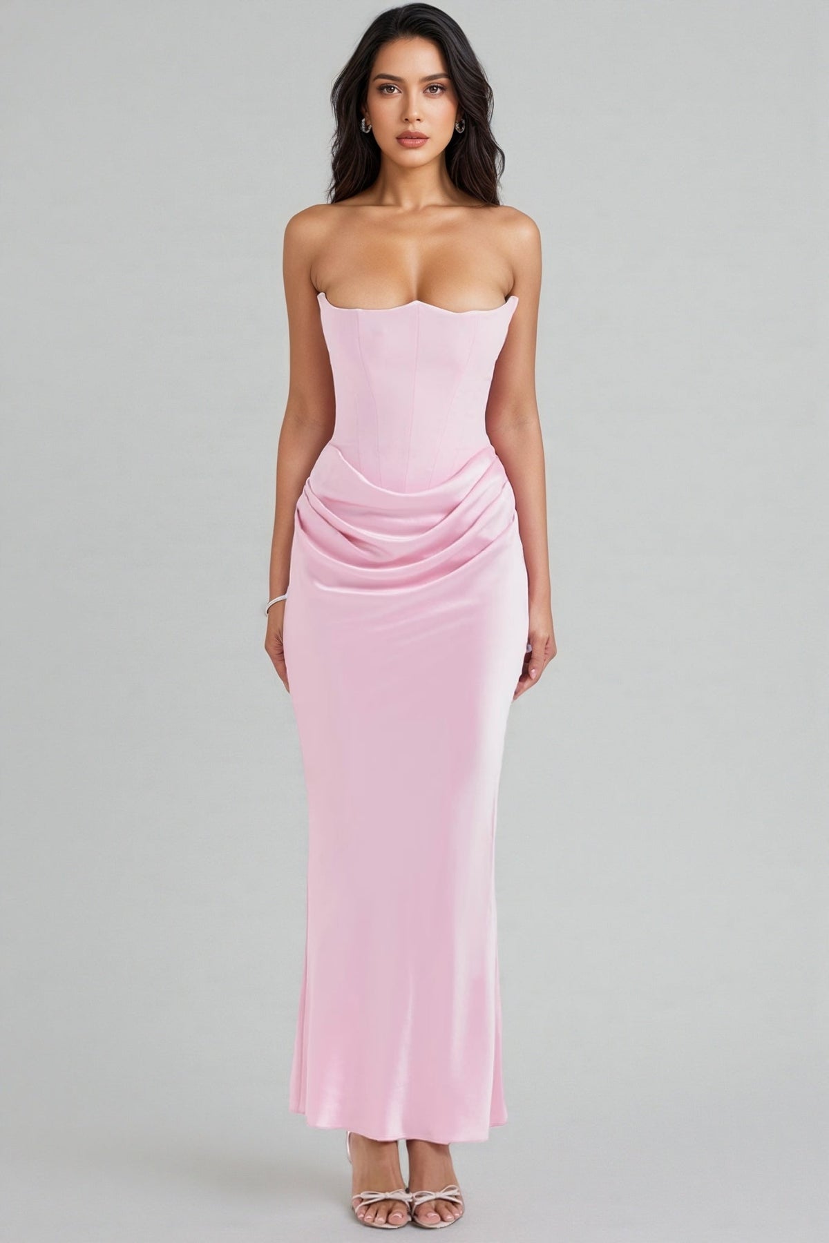 Strapless Corset Bodice Draped Waist Satin Maxi Dress
