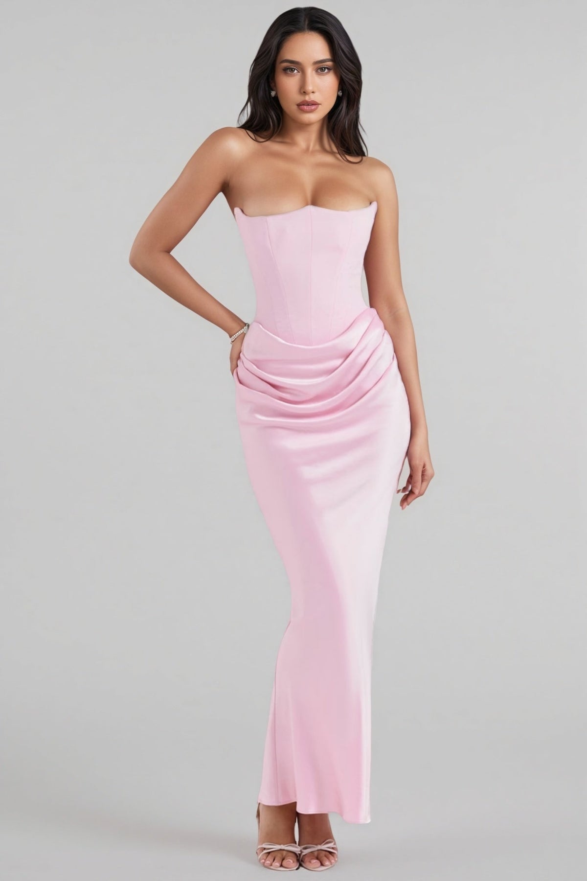Strapless Corset Bodice Draped Waist Satin Maxi Dress 2