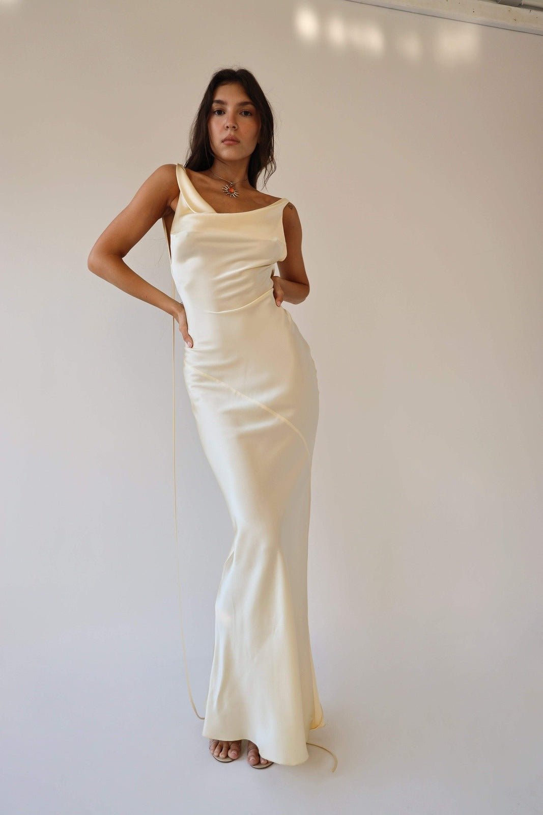 Satin Off Shoulder Cowl Neck Fitted Maxi Dress 10