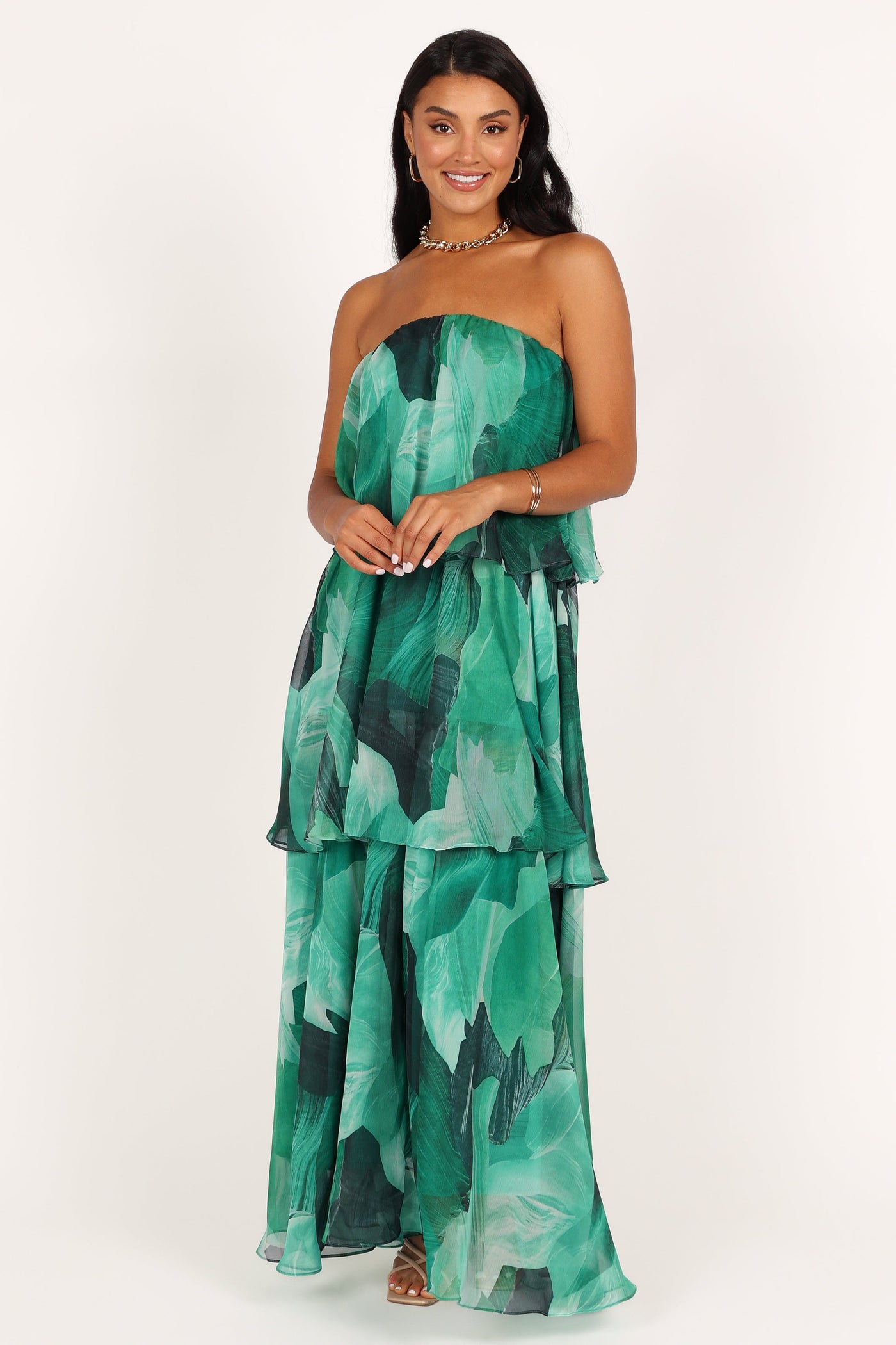 Floral Chiffon Strapless Tiered Maxi Dress