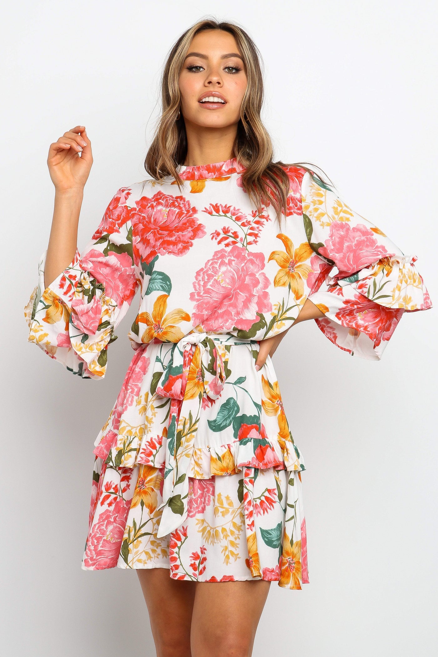 Floral High Neck Ruffle Sleeve Tiered Mini Dress 2