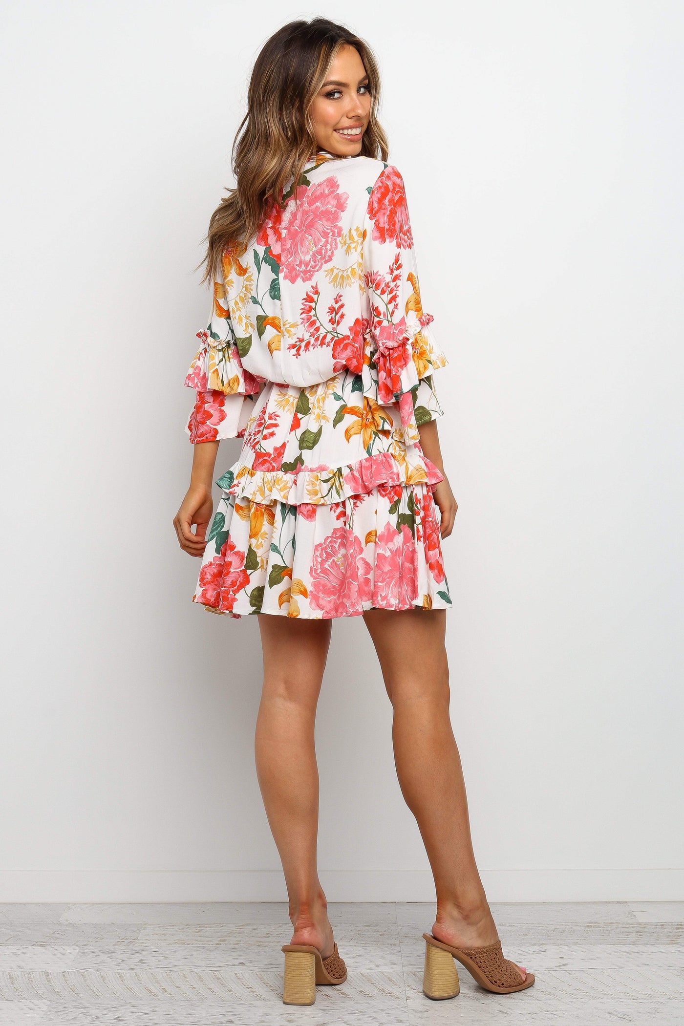 Floral High Neck Ruffle Sleeve Tiered Mini Dress 7