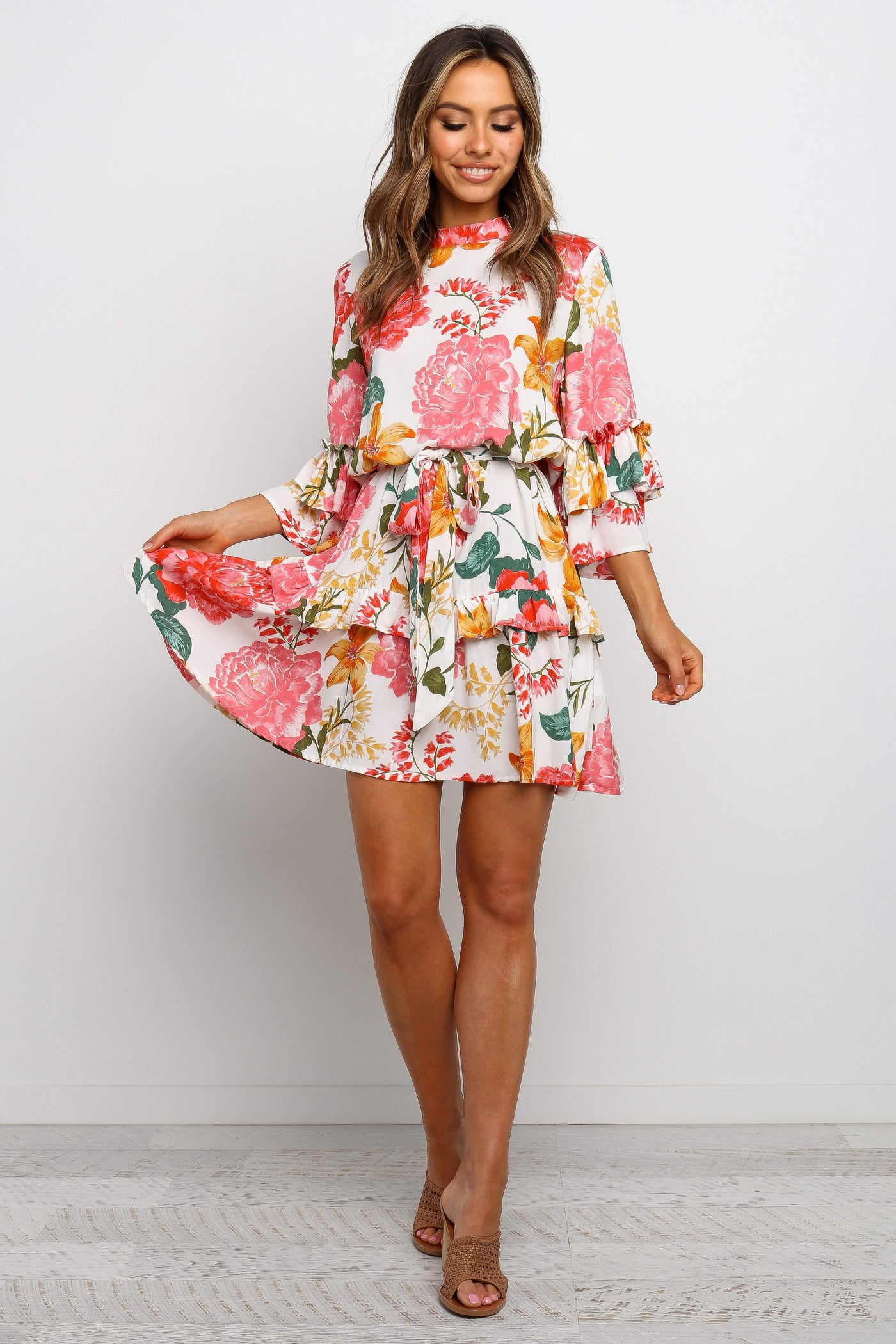 Floral High Neck Ruffle Sleeve Tiered Mini Dress 11