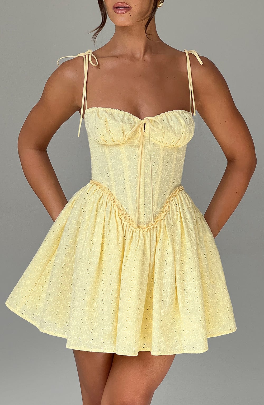 Eyelet Tie Strap Corset Bodice Flared Mini Dress 3