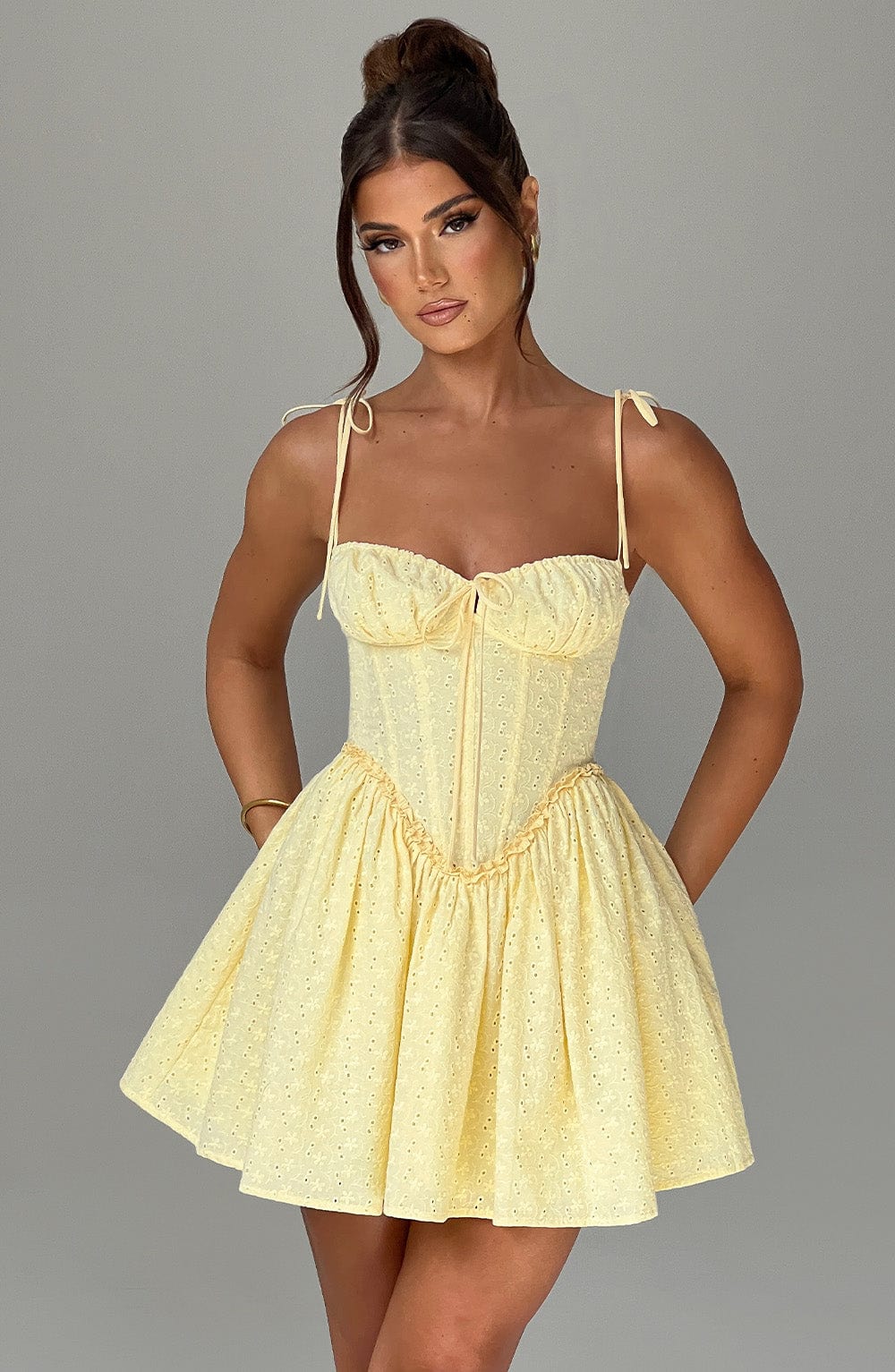 Eyelet Tie Strap Corset Bodice Flared Mini Dress 7