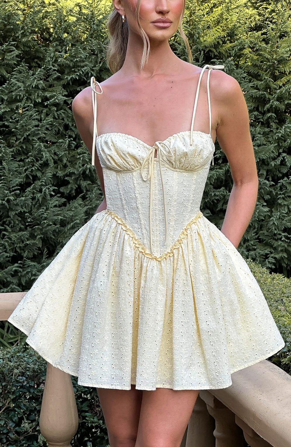 Eyelet Tie Strap Corset Bodice Flared Mini Dress 9