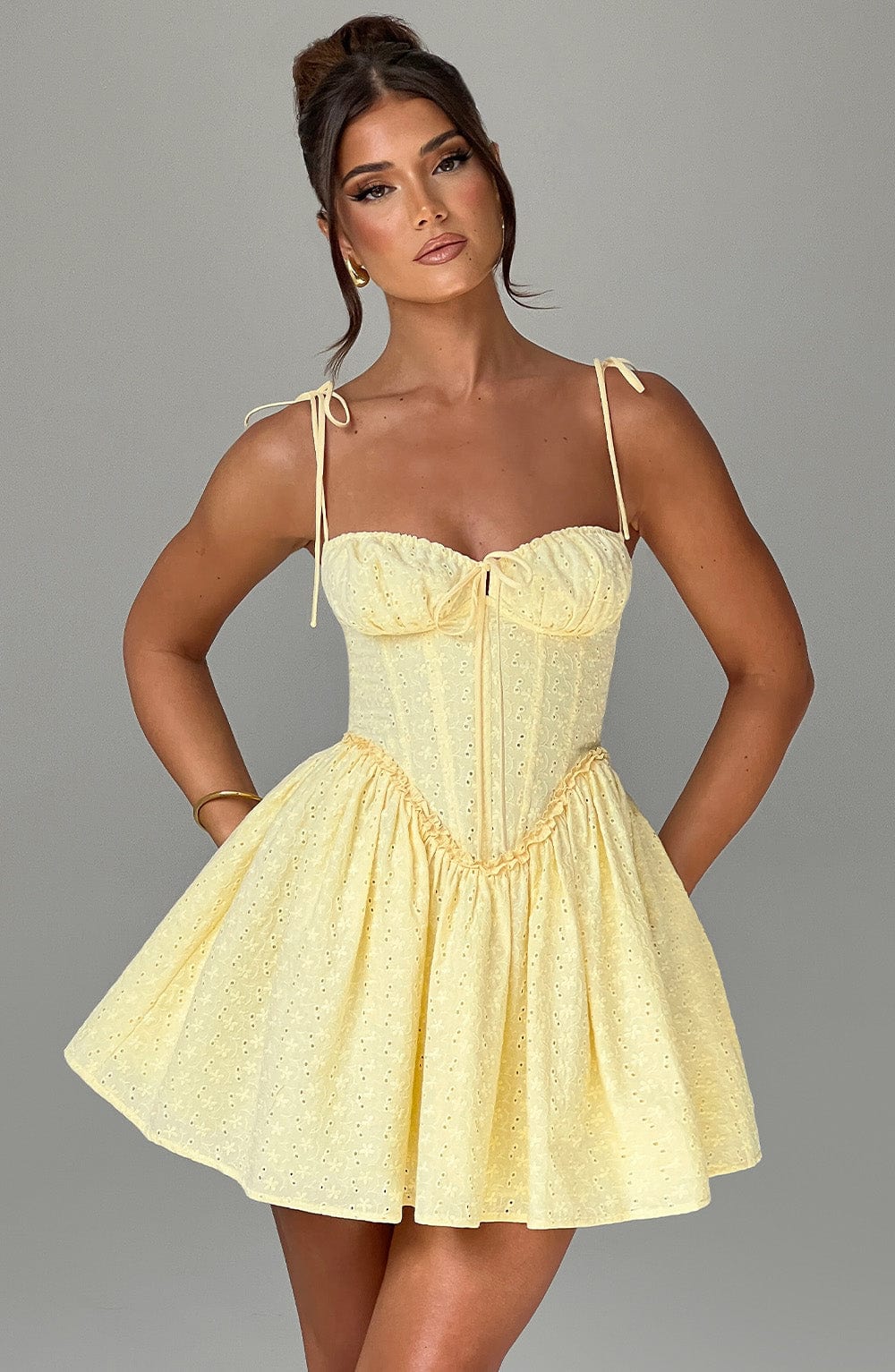 Eyelet Tie Strap Corset Bodice Flared Mini Dress