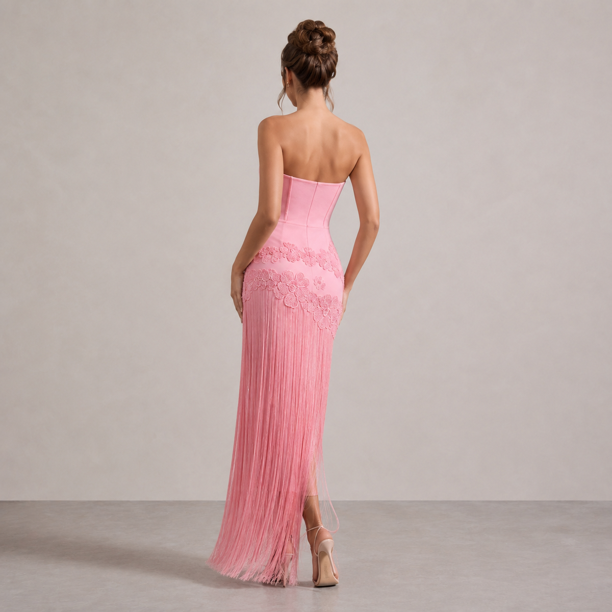 Strapless Floral Applique Fringe Split Maxi Gown 7