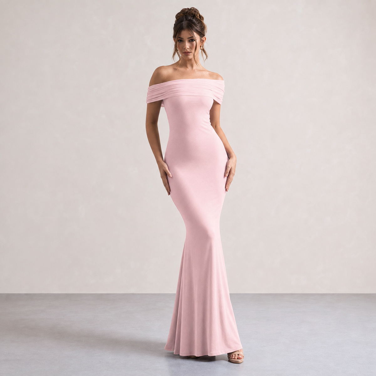 Off Shoulder Foldover Ruched Fishtail Maxi Dress 10