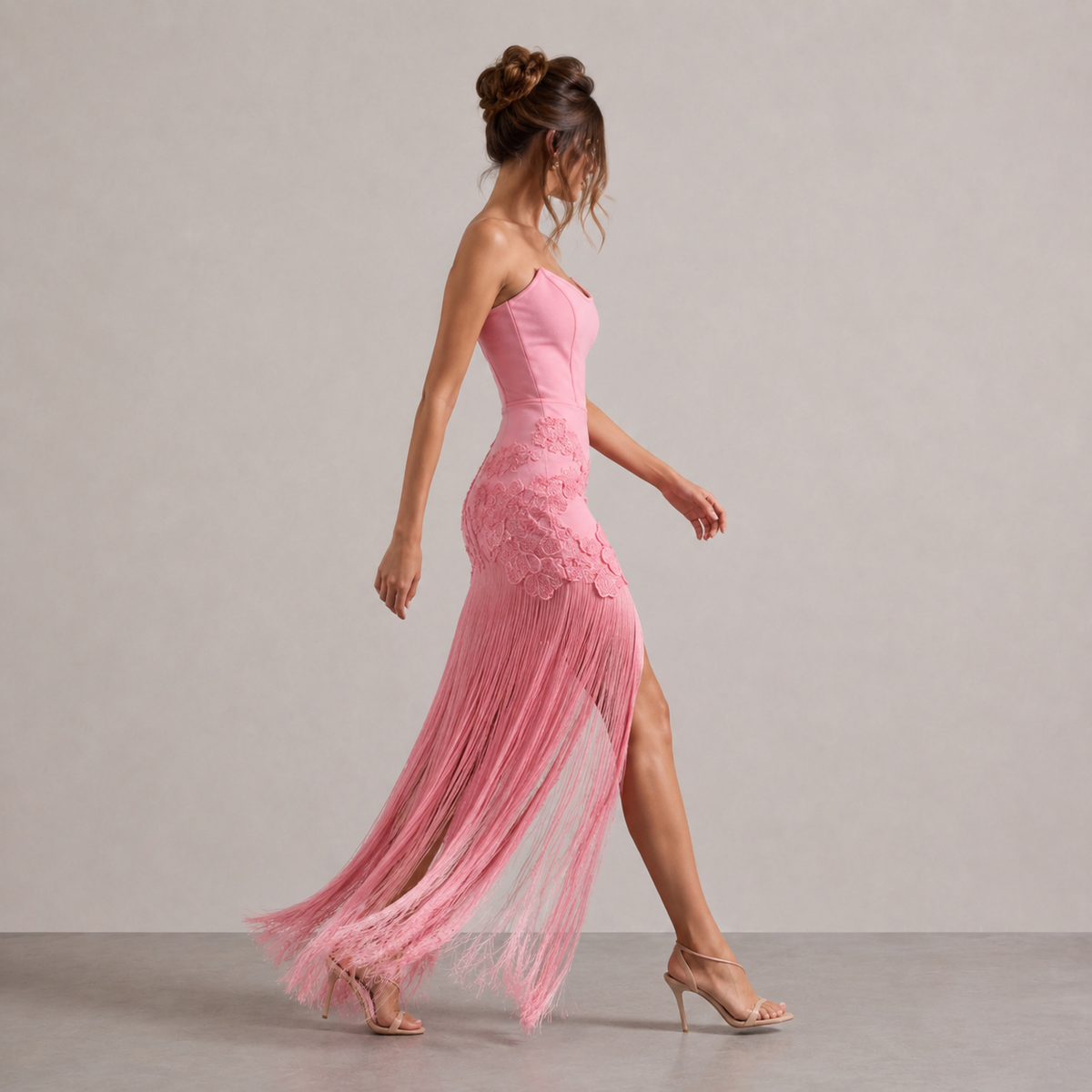Strapless Floral Applique Fringe Split Maxi Gown 8