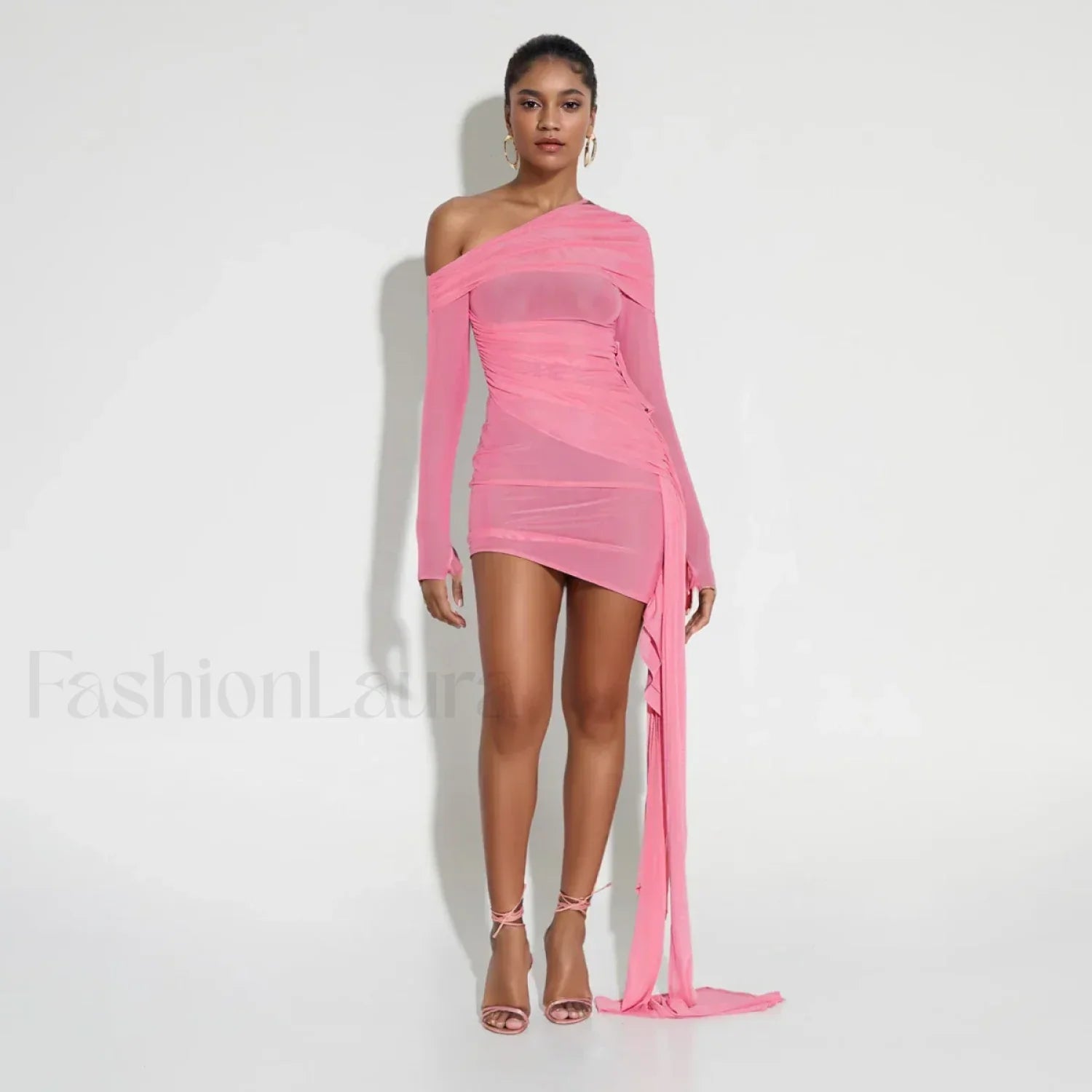 Pink One-Shoulder Mesh Mini Dress