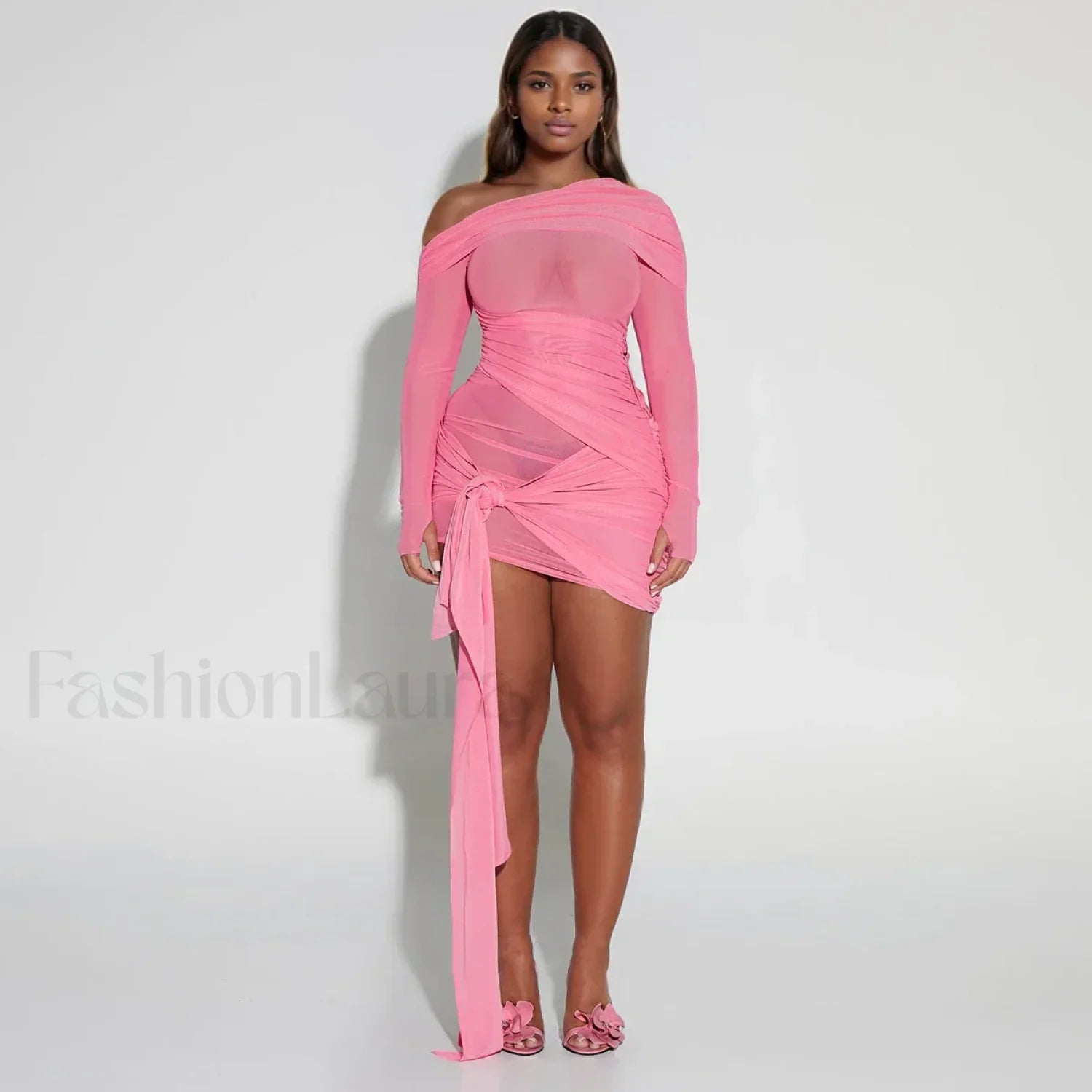 Pink One-Shoulder Mesh Mini Dress