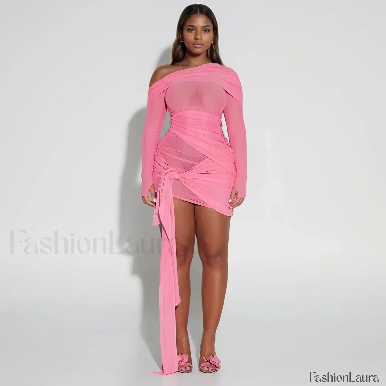 Pink One-Shoulder Mesh Mini Dress