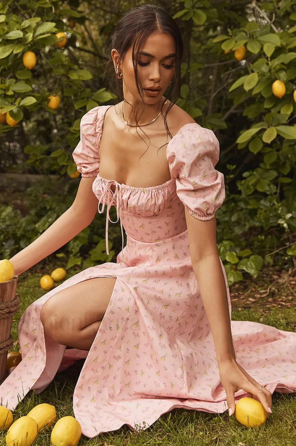 Pink Printed Puff Charming Sleeve Midi Dress