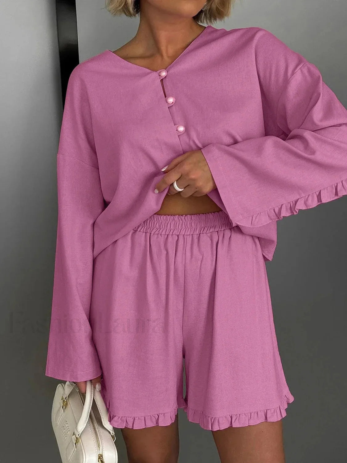 Pink V-Neck Long Sleeve Shorts Two Piece Set