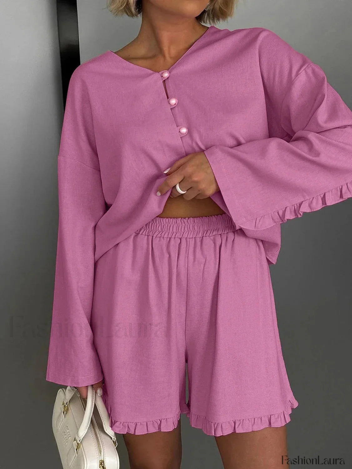 Pink V-Neck Long Sleeve Shorts Two Piece Set