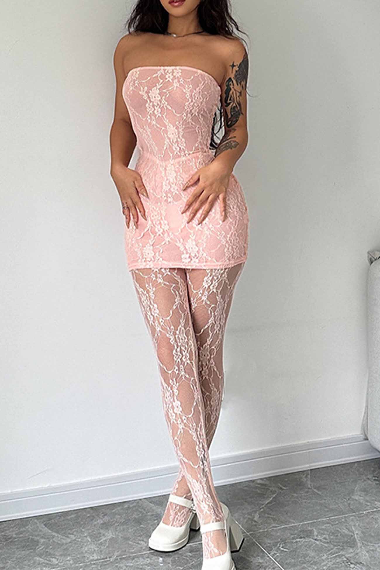 Strapless Floral Lace Bodycon Mini Dress and Lace Leggings Two Piece Set