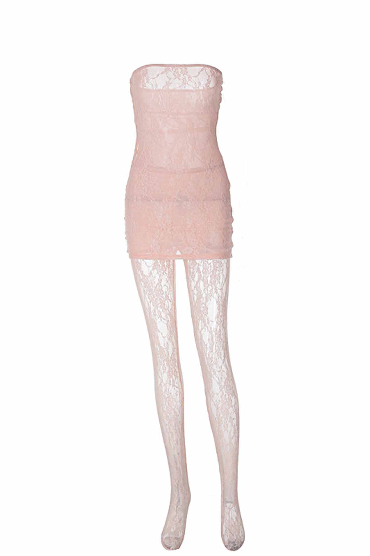 Strapless Floral Lace Bodycon Mini Dress and Lace Leggings Two Piece Set