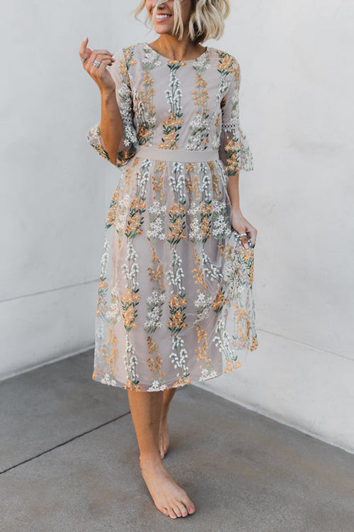 Flutter Sleeves Bloom Embroidered Dress