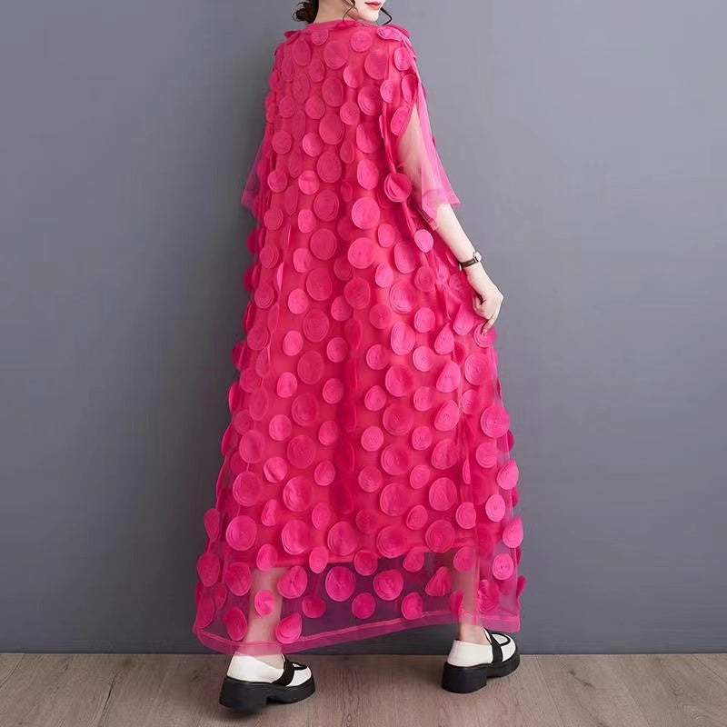 Mesh Asymmetrical Round Neck Elbow Sleeve Disc Applique Pleated Maxi Party Dress