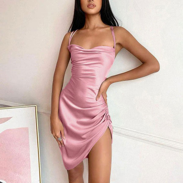 Satin Cowl Neck Spaghetti Strap Ruched Side Gathered Asymmetric Hem Bodycon Mini Dress