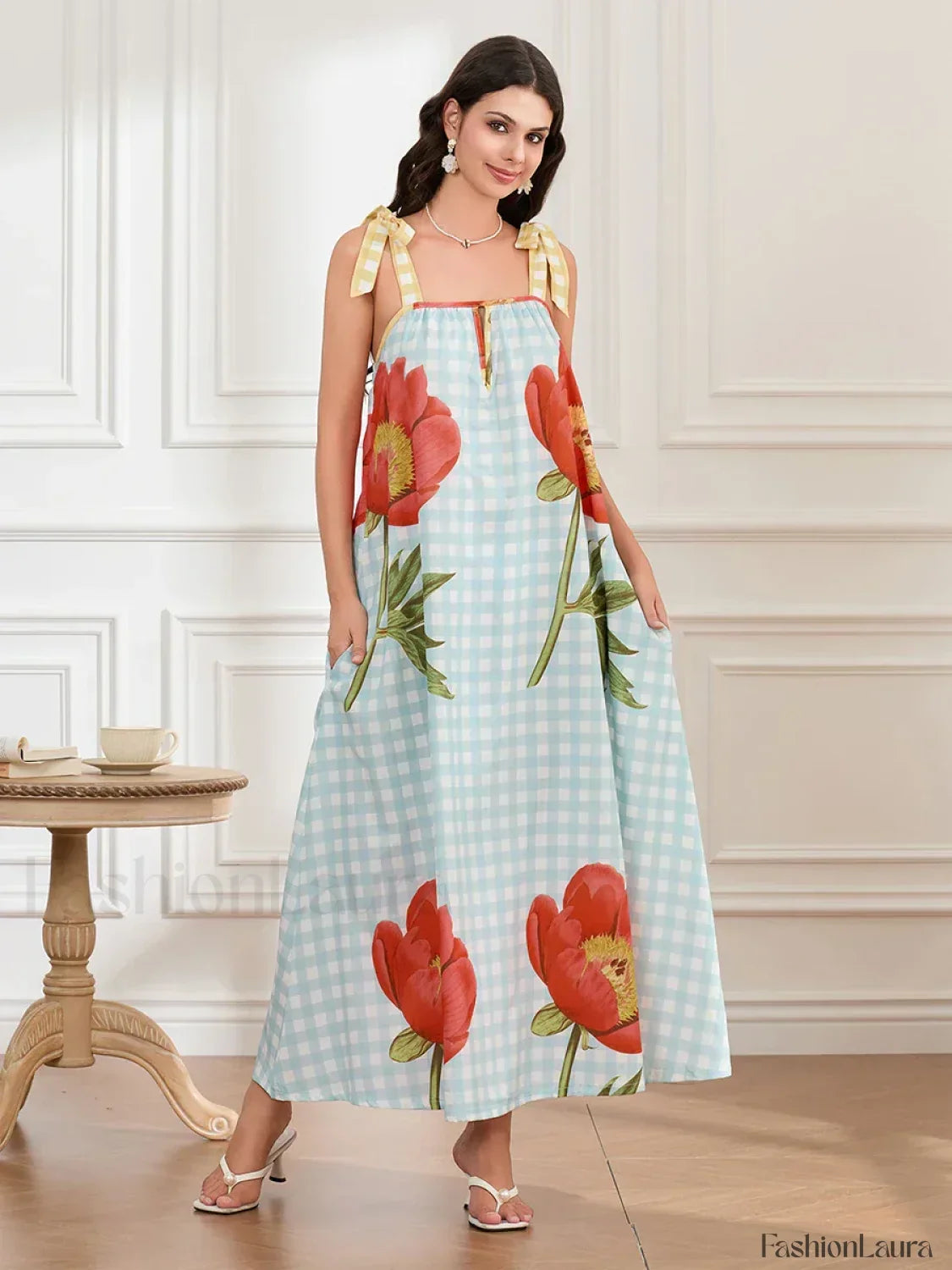 Plaid Flower Loose Tank Maxi Dress